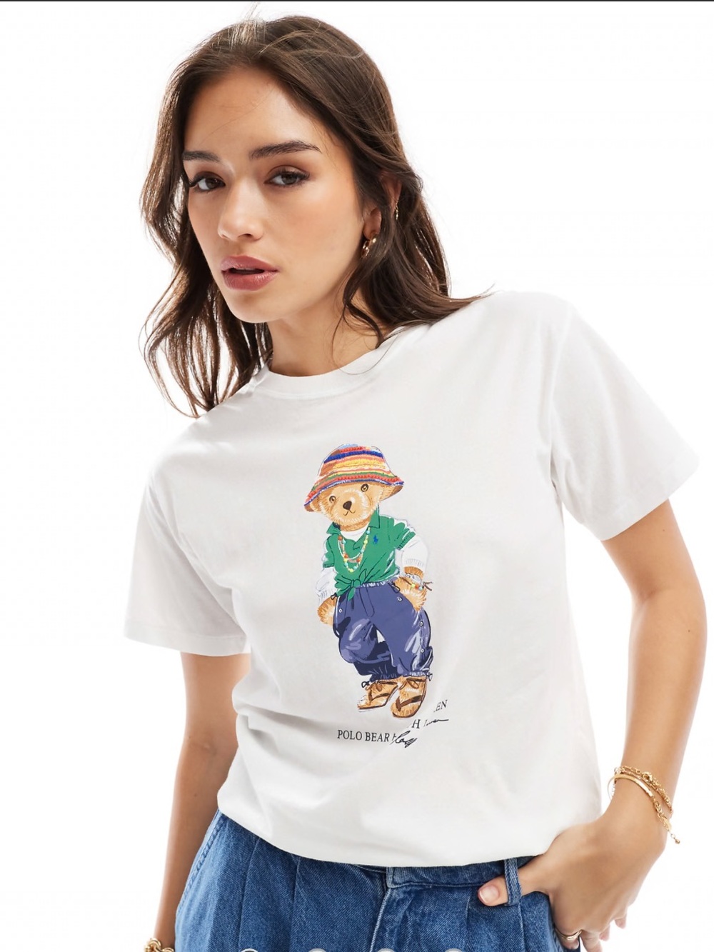 Ralph Lauren White Polo Bear Tee with Multicolor Bead